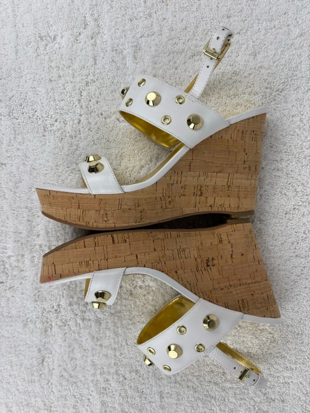 Ivanka Trump Gitty Wedge Sandals-White Leather Straps with Gold-Tone Hardware
